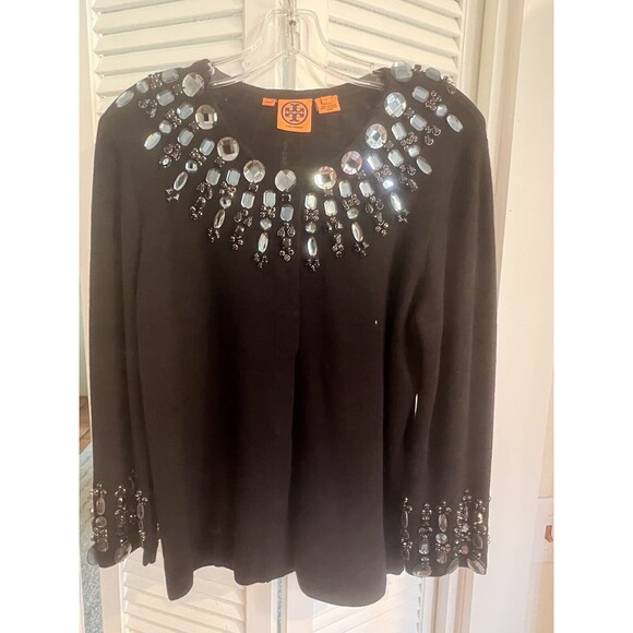 Tory Burch Womens Jeweled Collar Cardigan Gorgeous Black large L - Picture 1 of 6